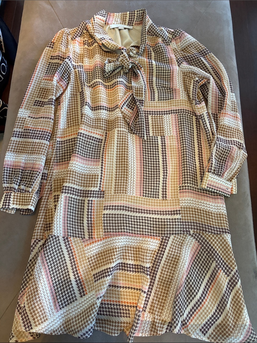 LOFT Beige, Brown and Pink Houndstooth Bow-Tie Midi Dress